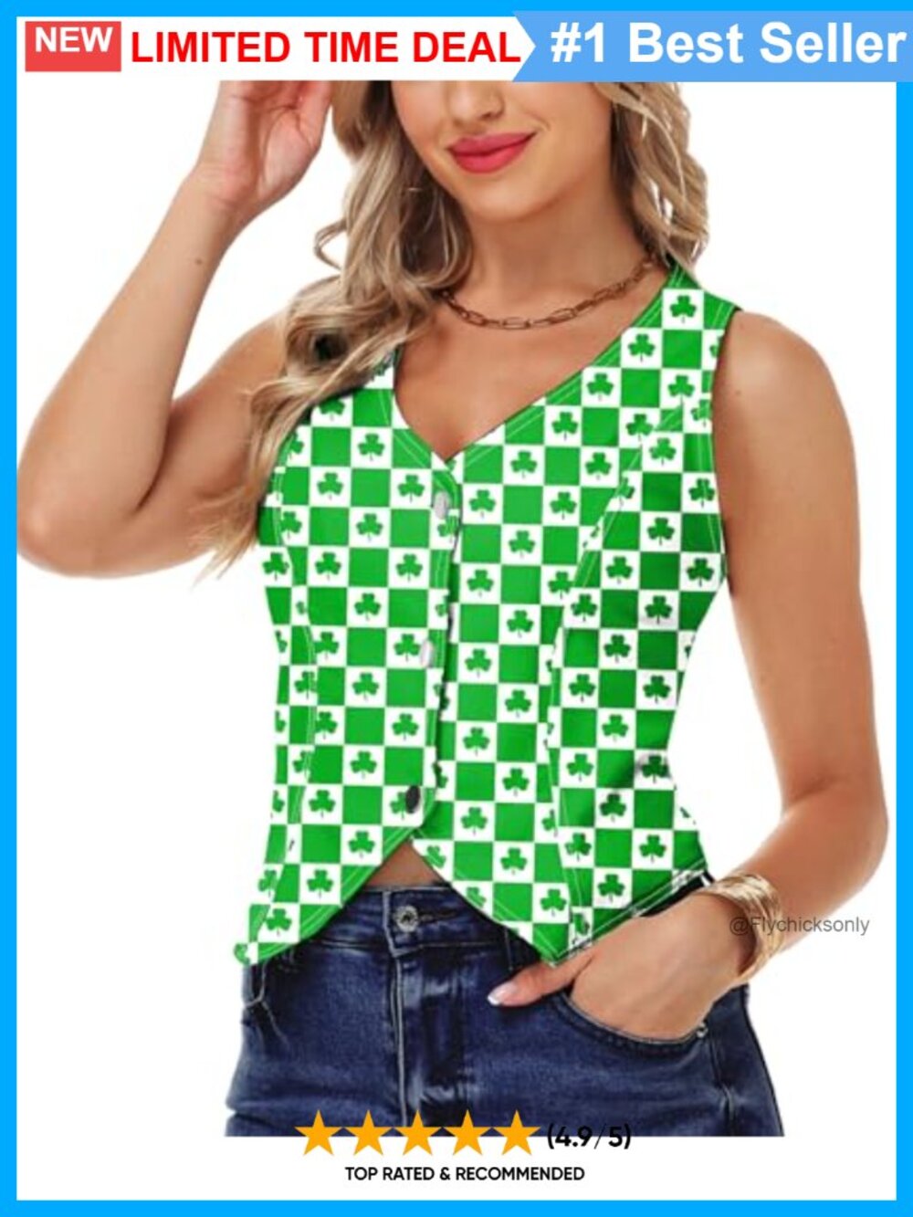 Womens Sleeveless Denim Vest Shamrock Plaid V-Neck Jean Top St Patricks Day